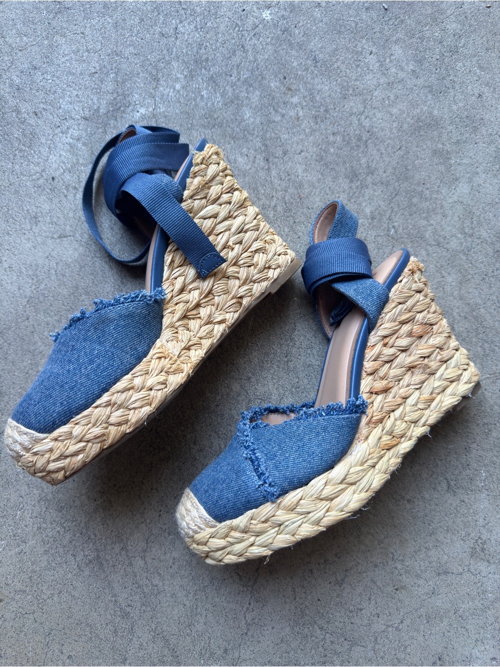 INC International Concepts Blue Denim Espadrille Wedge Sandals with Ankle Wrap